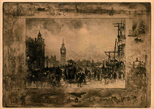 Félix Buhot, etching, Westminster Bridge