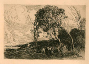 Camille Corot, etching, Recollection of the Fortifications at Douai