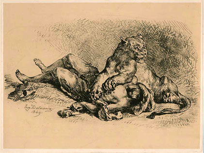 Eugène Delacroix, Lioness clawing an Arab's Chest, soft-ground etching