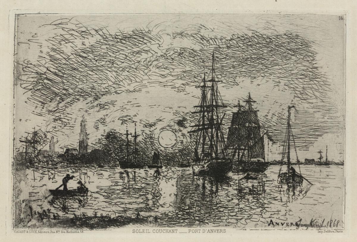 Johan Barthold Jongkind, Soleil Couchant, Port d'Anvers, 1868, etching