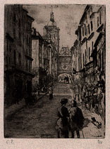 Camille Pissarro, Rue du Gros Horloge, Rouen, etching