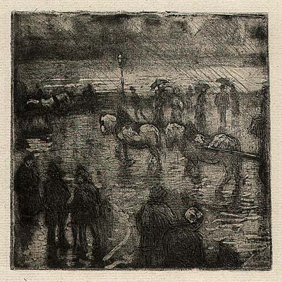 Camille Pissarro, Place de la République, Rouen, rain effect, etching